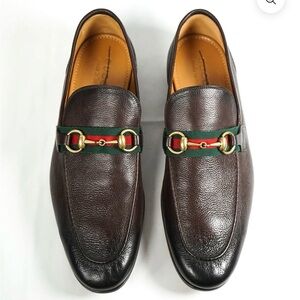 Gucci Iconic Green & Red Stripe Leather Horsebit Loafers.